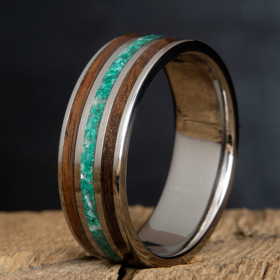 Satin Titanium Wood Lined Ring with Whiskey Barrel White Oak 6mm / 5-14 whole-half-quarter-available-enter in Notes During Checkout