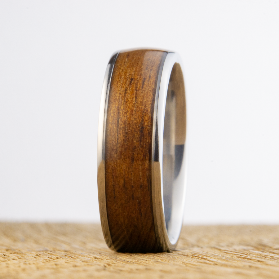 koa wood inlay on titanium comfort fit 8mm ring