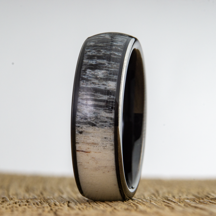 black tungsten ring with antler inlay
