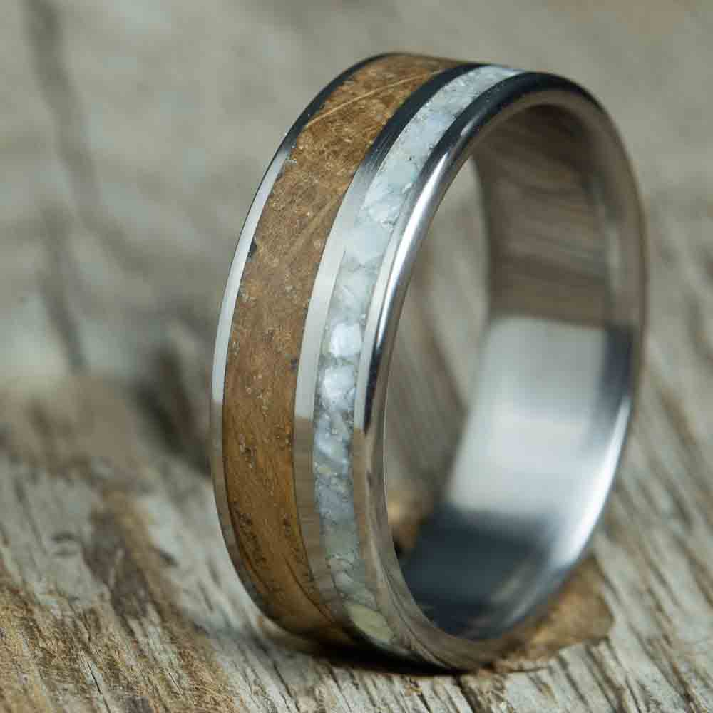 Whiskey barrel ring with pearl inlay