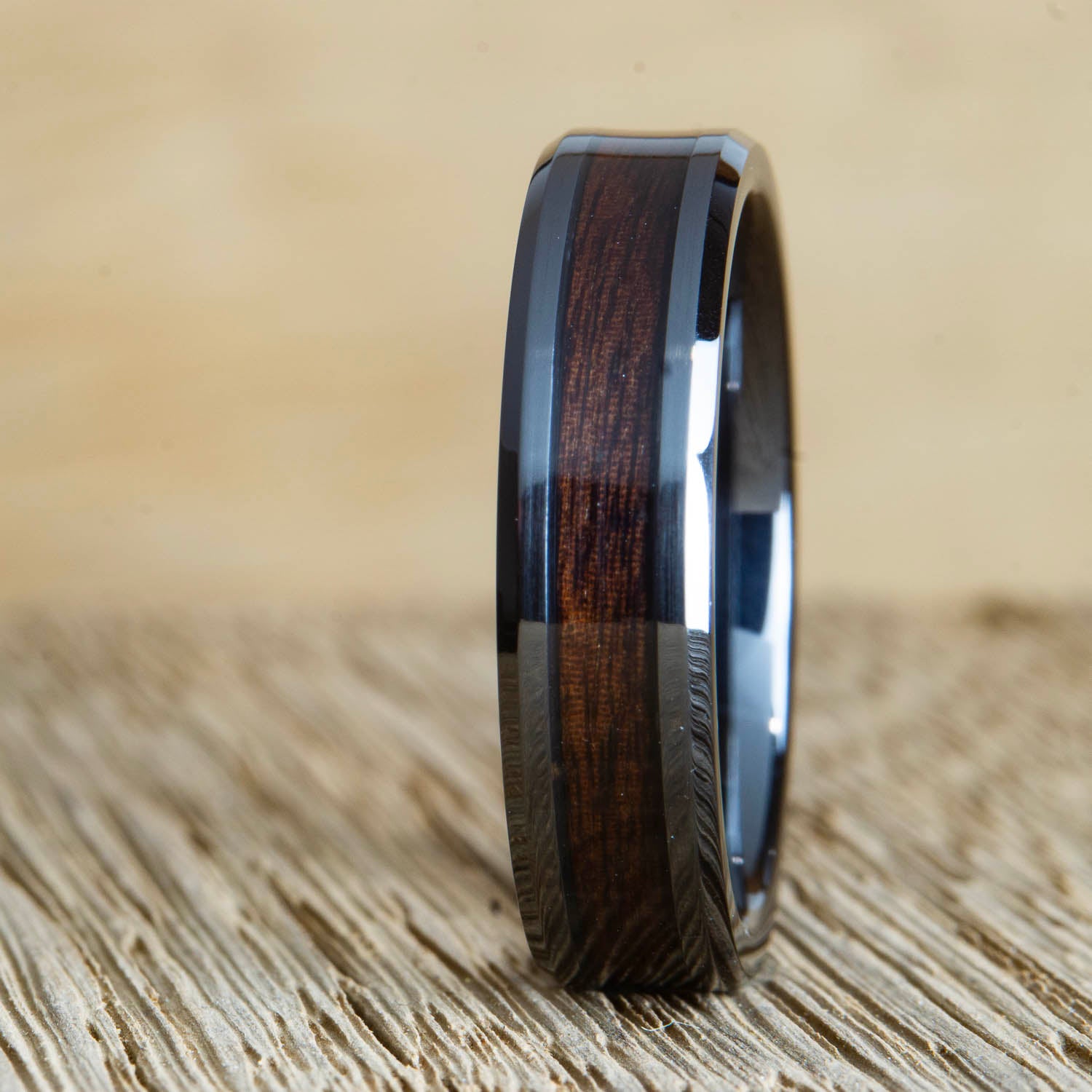 The Rosewood- beveled edge Black wedding band with Rosewood inlay