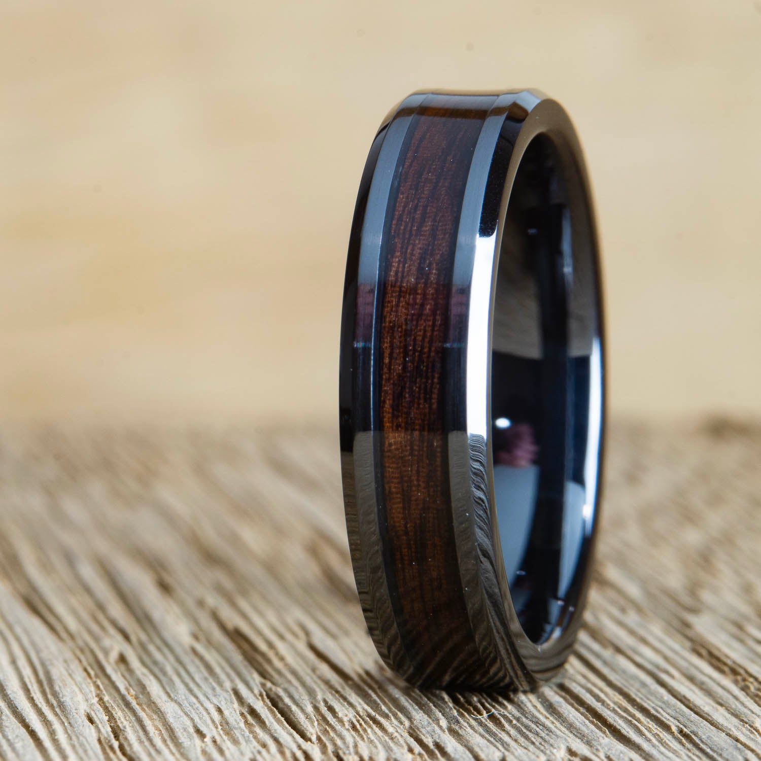 The Rosewood- beveled edge Black wedding band with Rosewood inlay