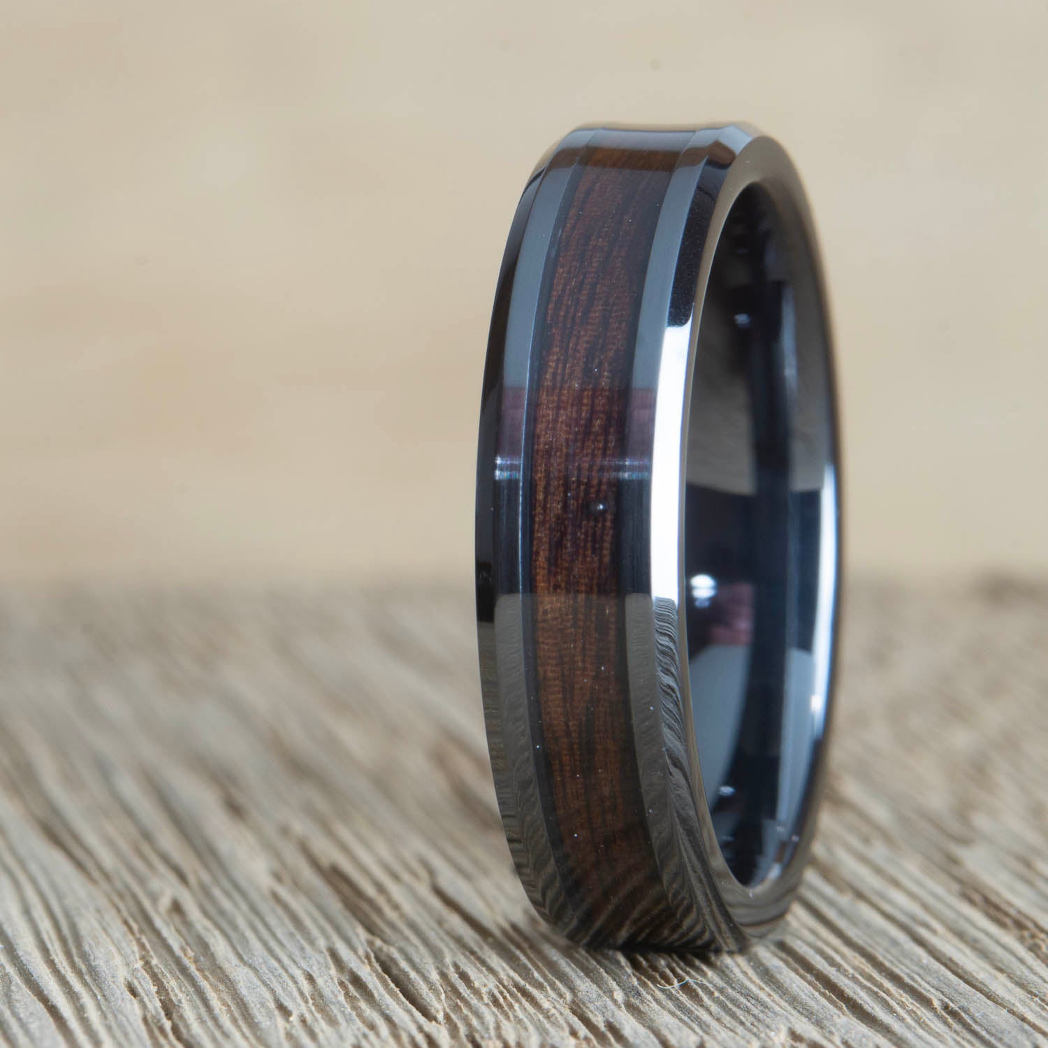 The Rosewood- beveled edge Black wedding band with Rosewood inlay