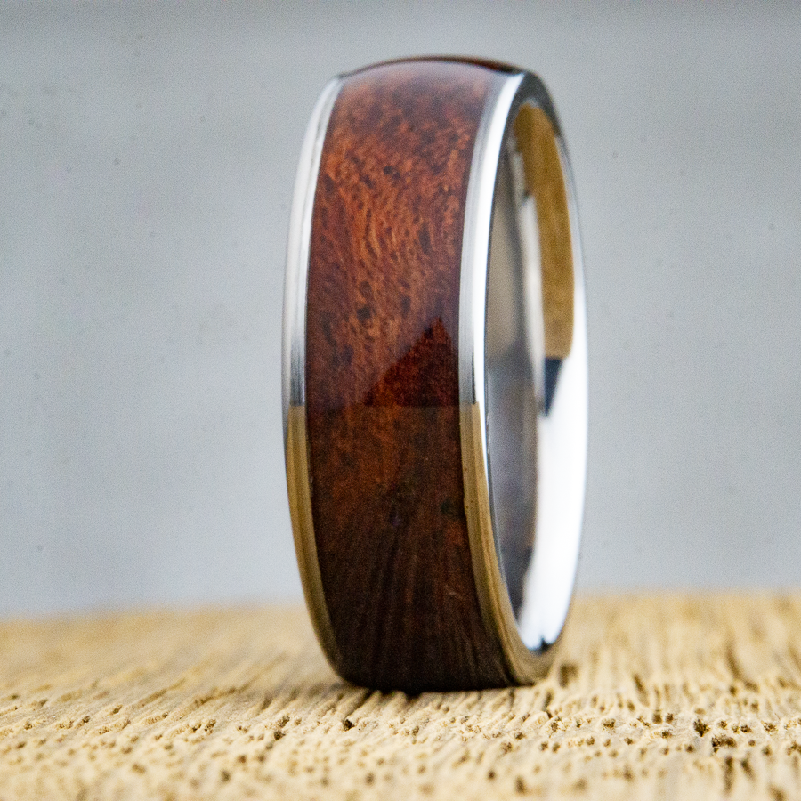 bubinga wooden wedding band with comfort fit titanium