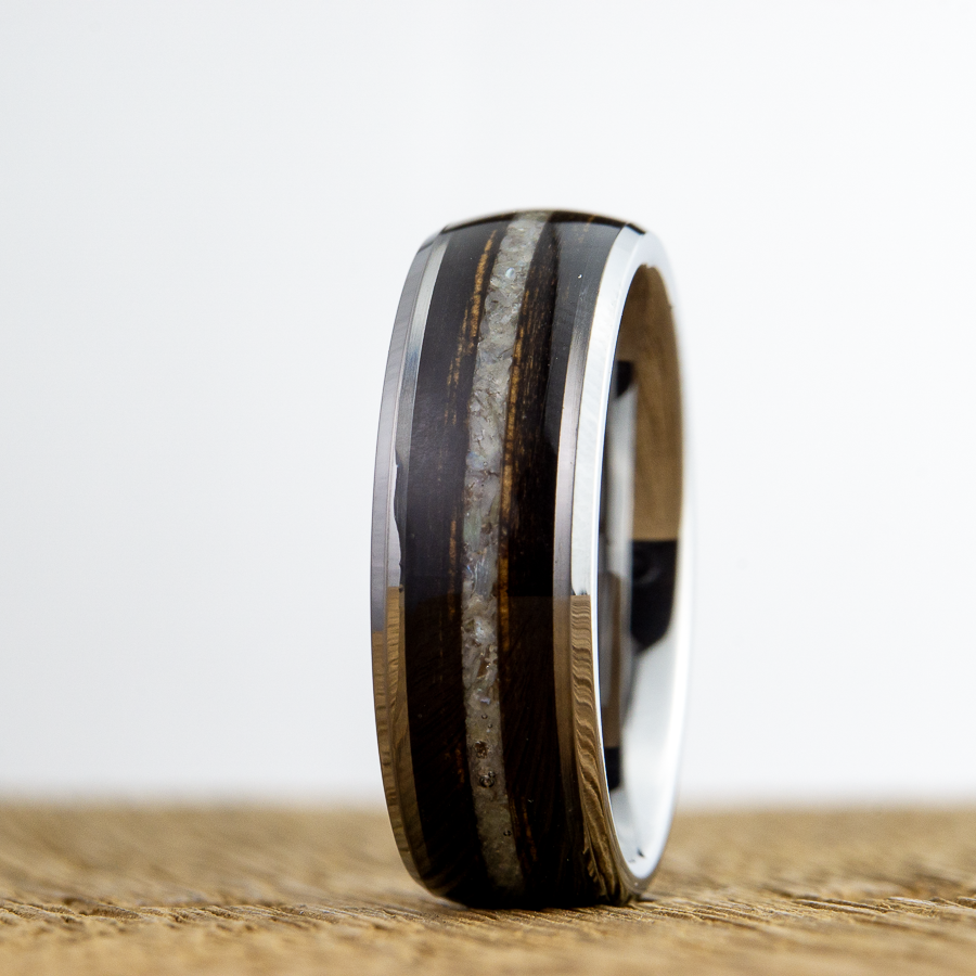 tungsten bourbon barrel ring with mother of pearl