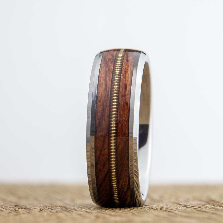 tungsten wedding band with bubinga wood and guitar string