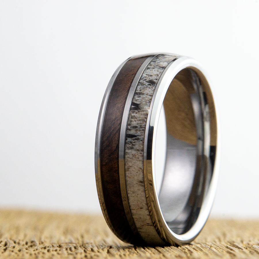 tungsten ring with walnut wood and deer antler