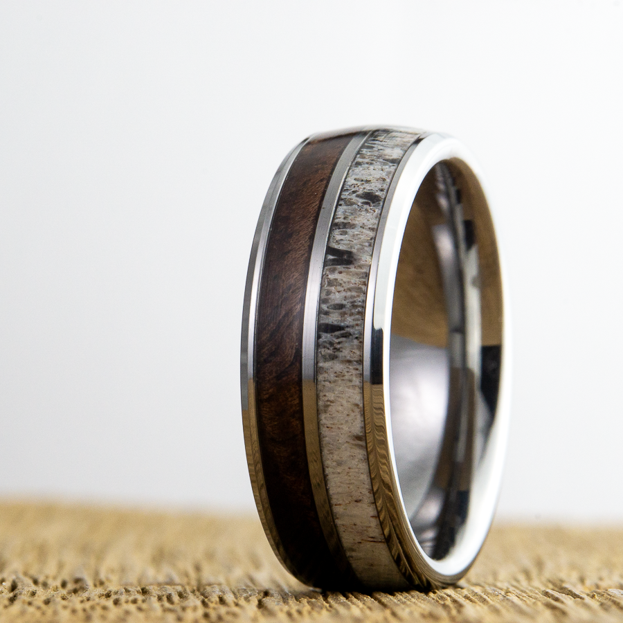 mens antler ring with riflestock walnut wood 