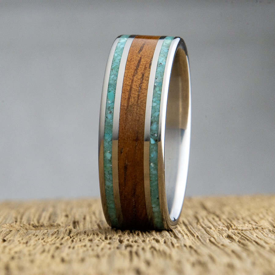 koa ring with turquoise inlay
