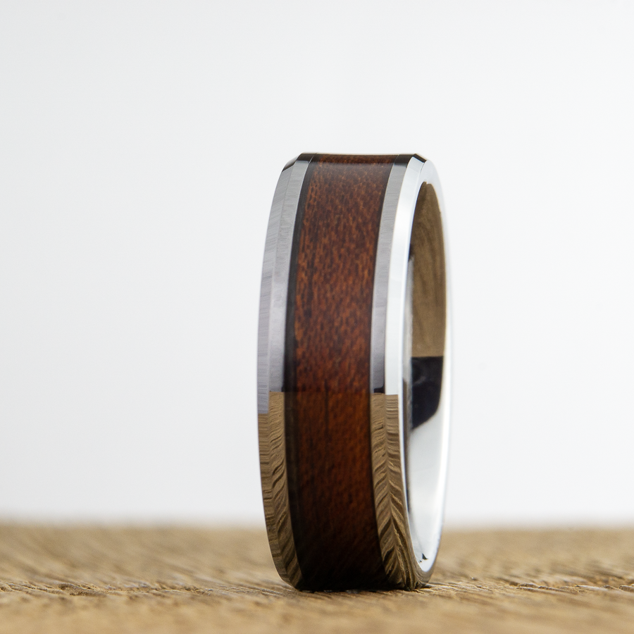 tungsten ring with acacia wood inlay