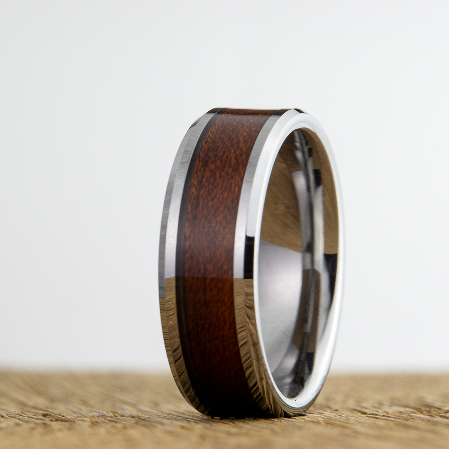 "The Woodsman" Beveled edge Tungsten ring with Acacia wood inlay