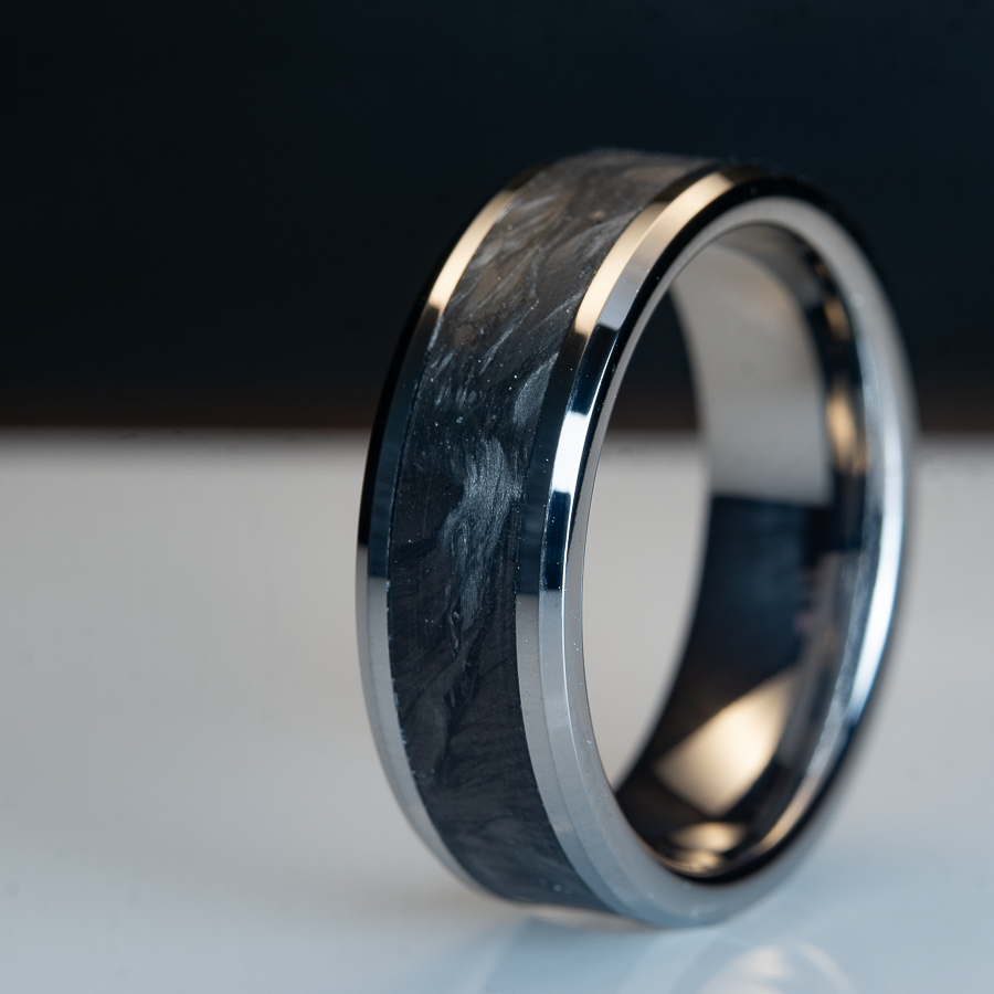 forged carbon fiber inlay on tungsten ring