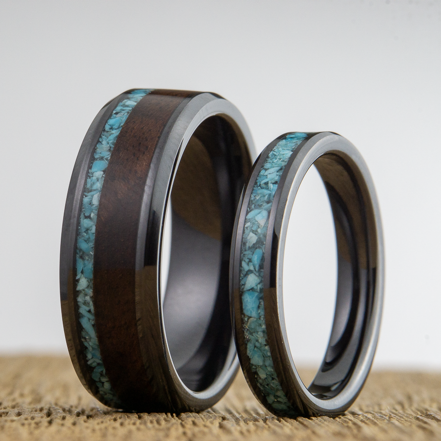 walnut and turquoise wedding ring set