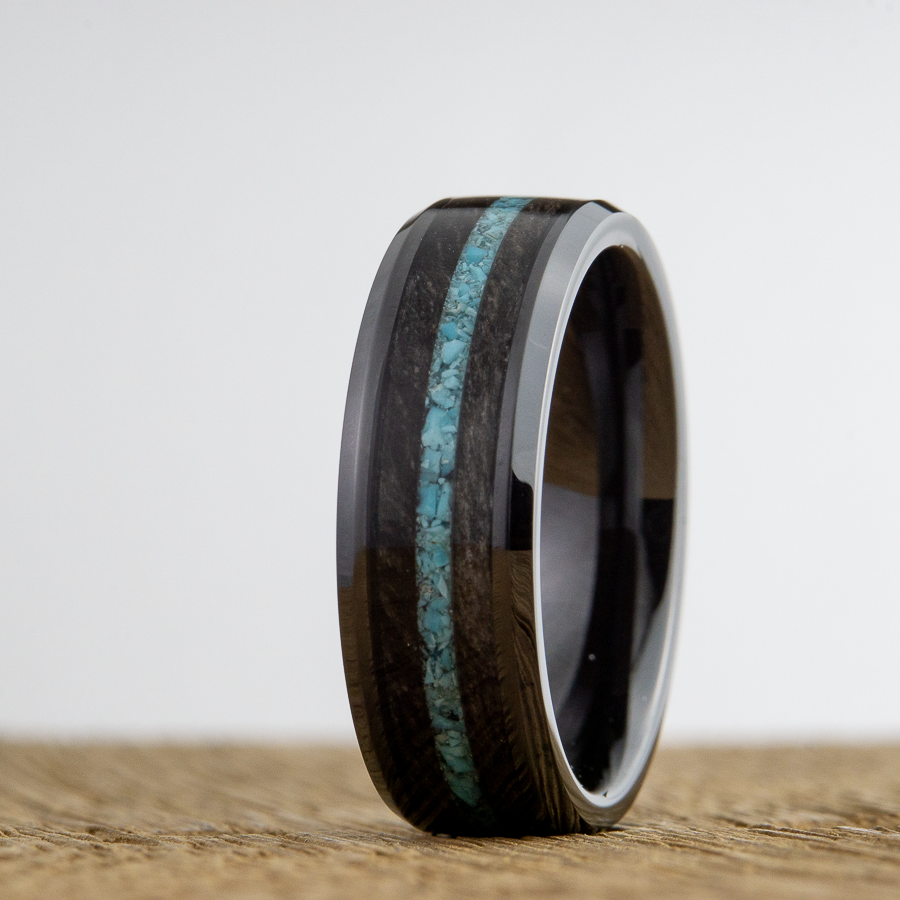 grey barnwood and turquoise black ceramic ring