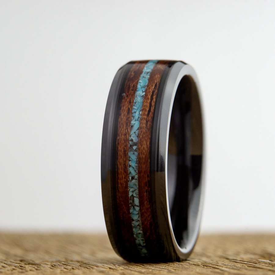 turquoise wedding band with wood inlay