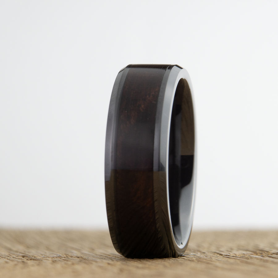 black ring for men with walnut wood inlay