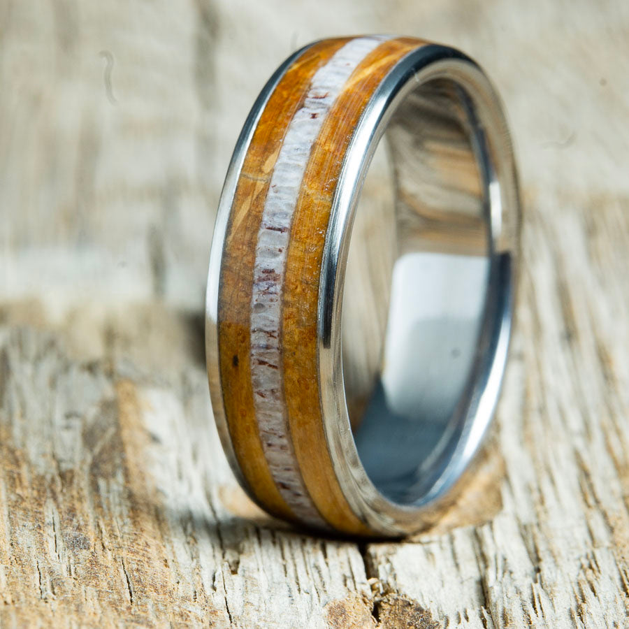 whiskey barrel wood wedding ring with antler