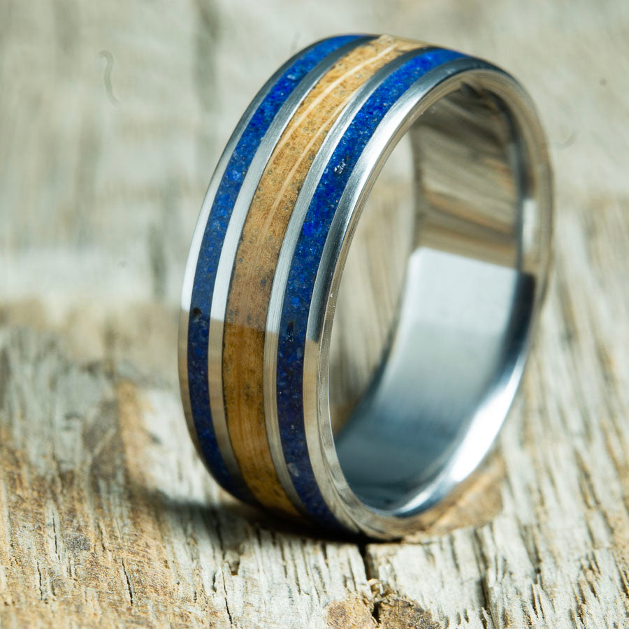 whiskey barrel rings with titanium and stone inlay