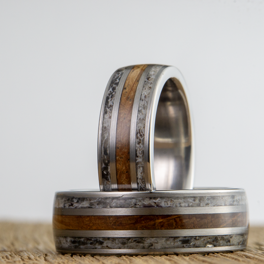 antler and whiskey barrel wedding ring set for him and her