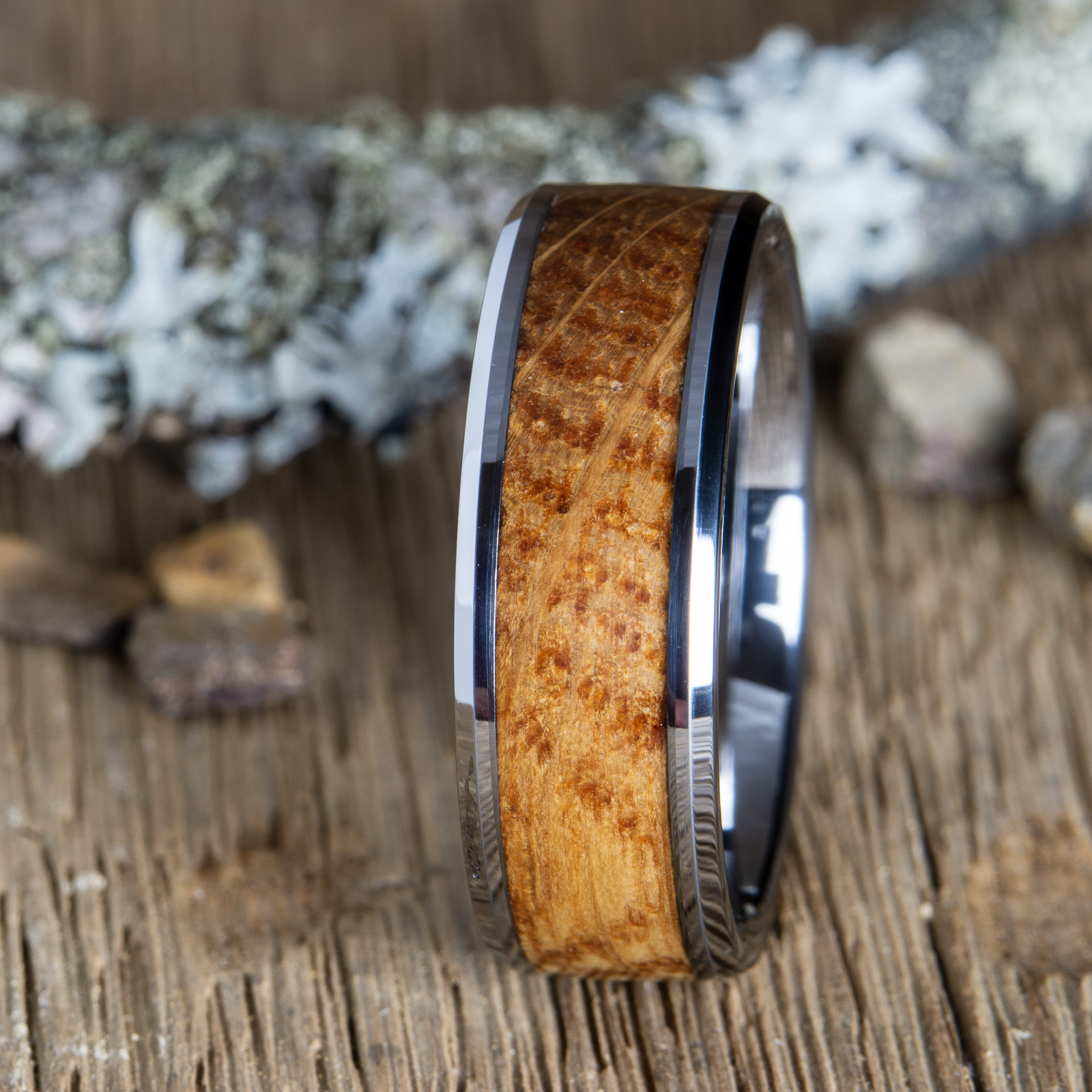 tungsten ring with whiskey barrel wood ring