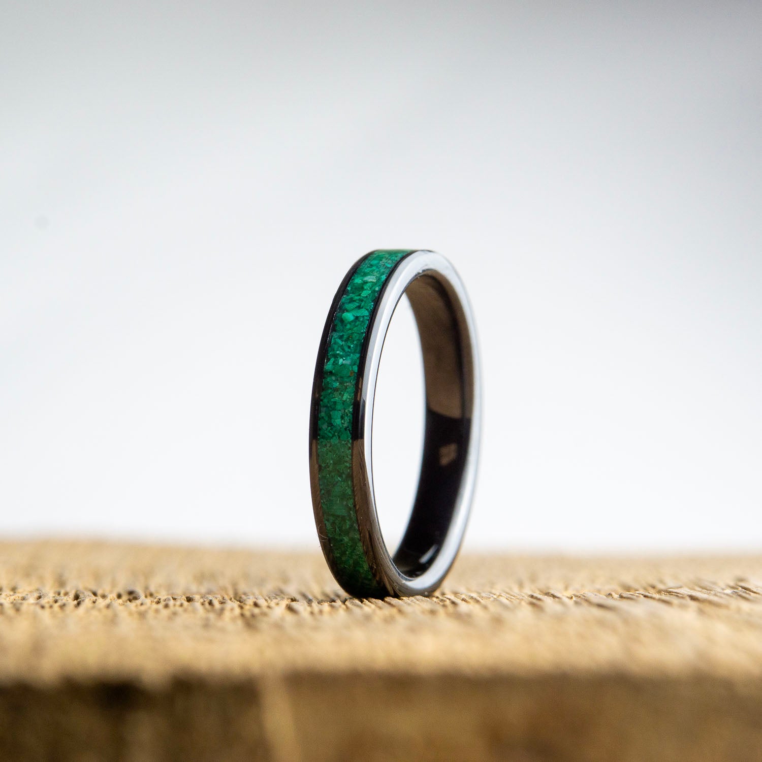 Womens black engagement or wedding ring with malachite stone inlay