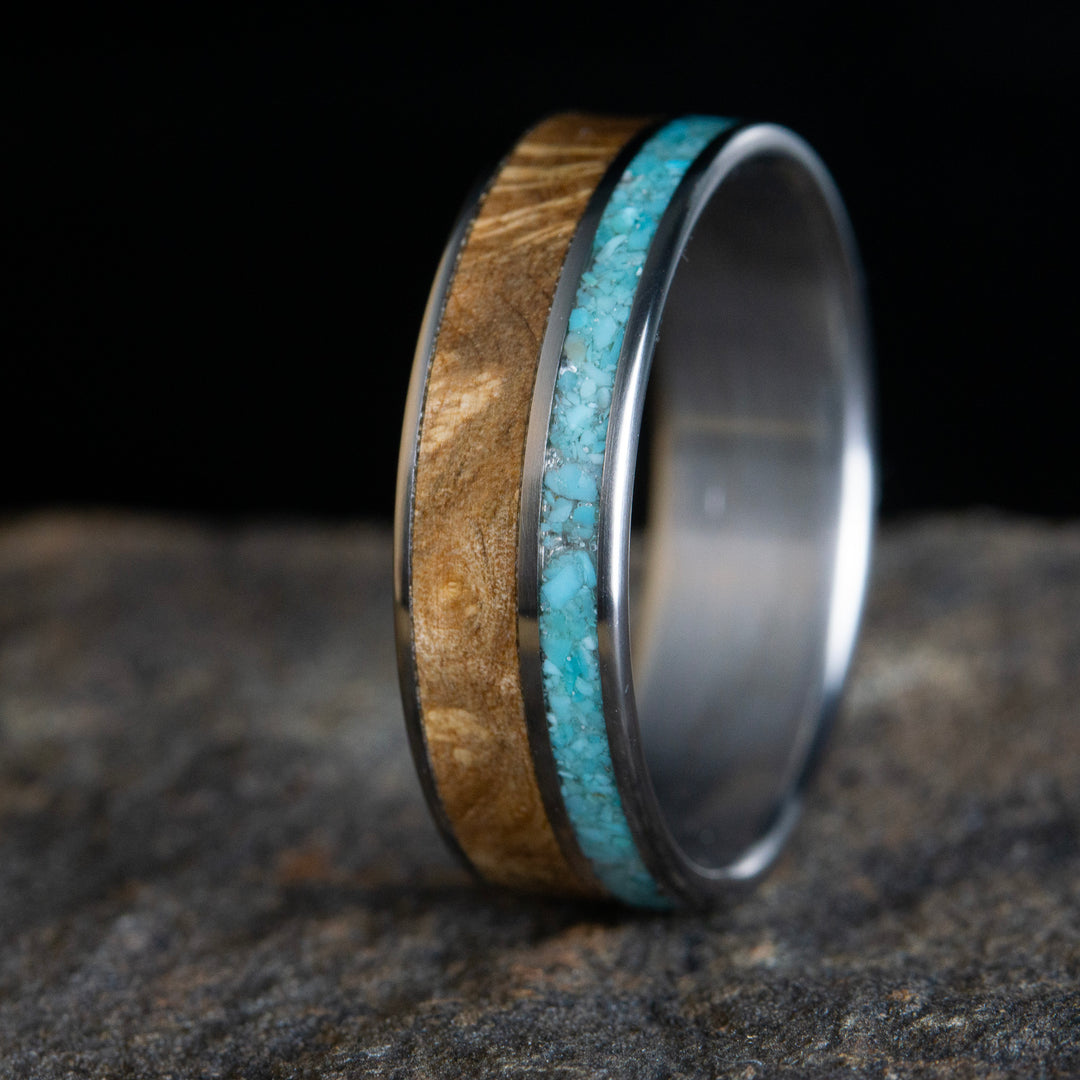 Men's turquoise wedding band with Oak burl Wood – Peacefield Titanium