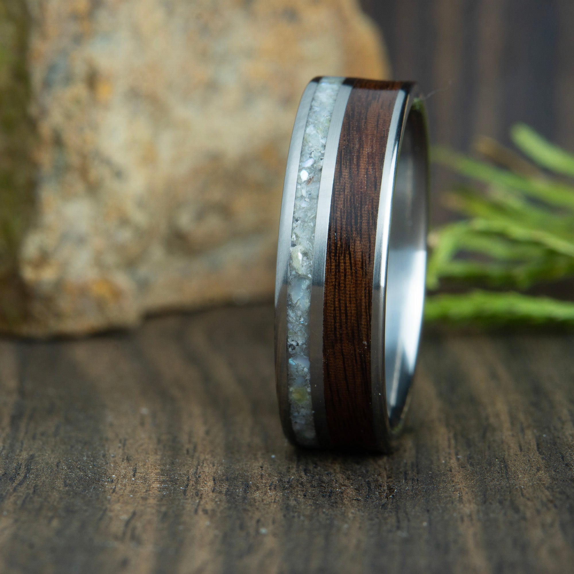 2 channel mens wood wedding band with Rosewood and mother of pearl