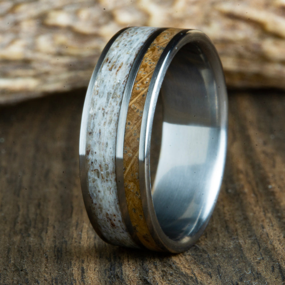 Whiskey barrel wood and deer antler ring